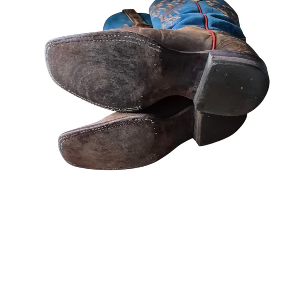 8.5 B J.B. Dillon Blue and Brown Cowboy Boots with Ornate Stitching - Picture 3 of 10